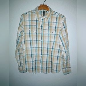 RU Cowgirl L Western Snap Cotton Beige Plaid  Shirt